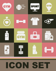 Set Dumbbell, Sports nutrition, Whistle, Location gym, Heart in the center stopwatch, Fitness heart and T-shirt icon. Vector