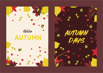 Hello Autumn Background with Falling Leaves and Berries. Abstract Editable Vector Illustration 
