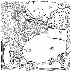Cheerful snowman ice skating. Winter, snow. Merry Christmas, Happy New Year. Pattern for adult coloring book. Black and white.