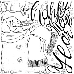 Cheerful snowman and snow. Winter lettering, snow. Merry Christmas, Happy New Year. Pattern for adult coloring book. Black and white.