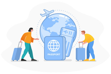 Travel around the world, tourism. Two tourists with luggage stand near earth globe, passport and airline ticket. Modern vector illustration
