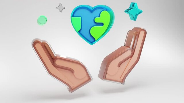 The earth is in the hands. Two palms are holding a heart-shaped globe. Environment concept. 3d aniamtion icon. Earth day concept.