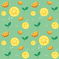 Seamless pattern with citrus decoration. Wallpaper with a pattern of slice orange and lemon. Fruit citrus background is for cafes, restaurants, a fabric. Vector.