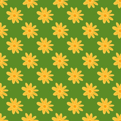 Abstract decorative seamless pattern with bright yellow flowers shapes print. Green background.