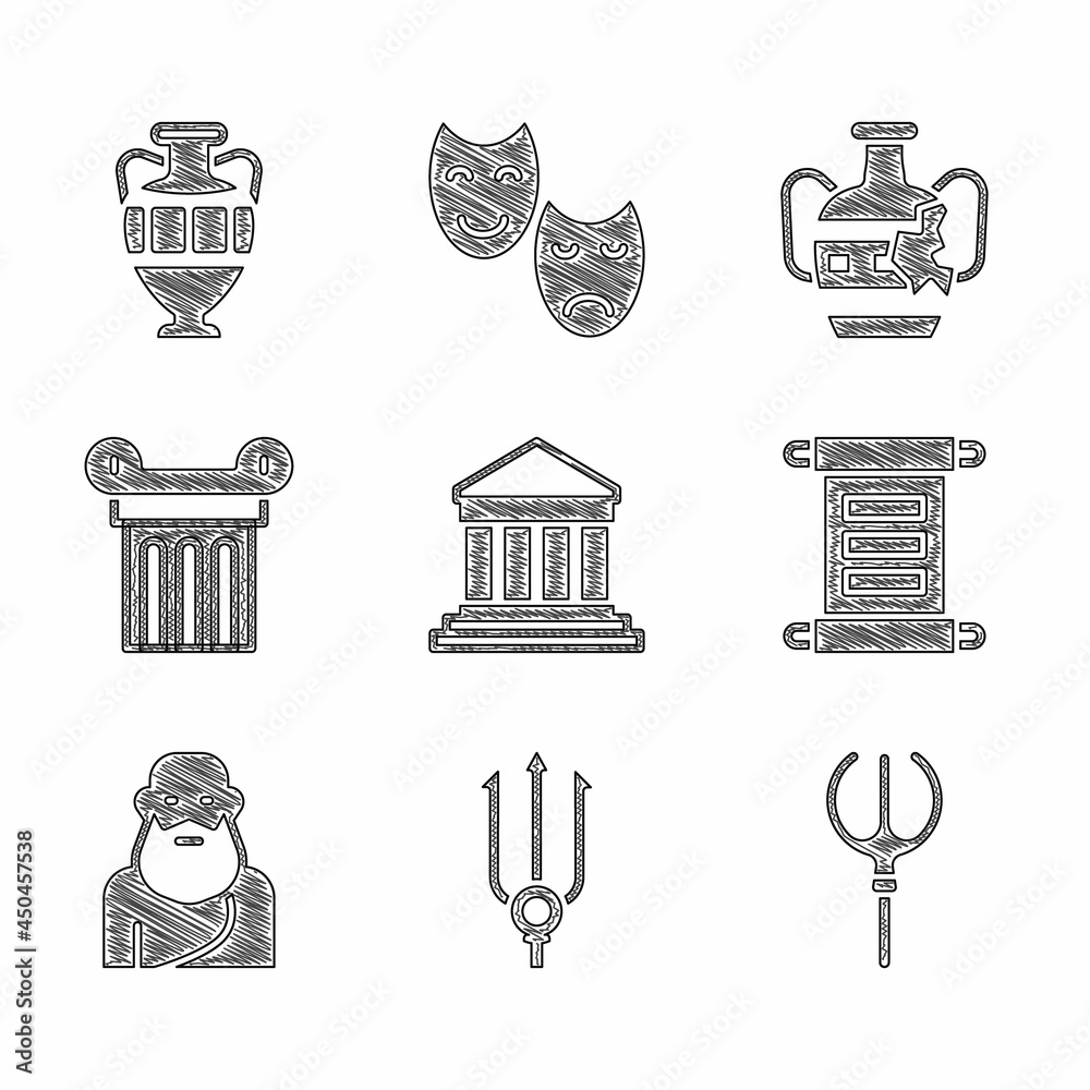 Sticker set parthenon, neptune trident, decree, parchment, scroll, socrates, ancient column, broken amphorae