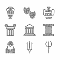 Set Parthenon, Neptune Trident, Decree, parchment, scroll, Socrates, Ancient column, Broken amphorae and icon. Vector