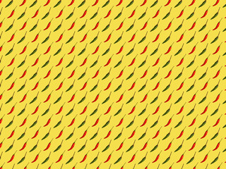 Red and green hot chili peppers alternation on yellow background, pattern, top view