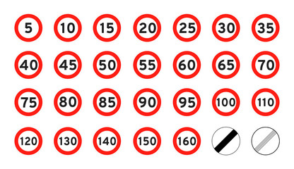 Speed limit 5-160 round road traffic icon sign flat style design vector illustration set isolated on white background. Circle standard road sign number kmh. - obrazy, fototapety, plakaty