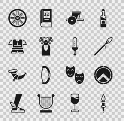 Set Torch flame, Greek shield, Medieval spear, Ancient chariot, Medusa Gorgon, Body armor, Old wooden wheel and sword icon. Vector