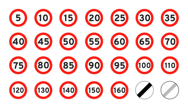 Speed limit 5-160 round road traffic icon sign flat style design vector illustration set isolated on white background. Circle standard road sign number kmh.