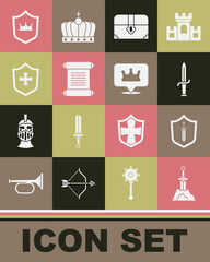 Set Sword in the stone, Medieval shield with sword, Dagger, Antique treasure chest, Decree, parchment, scroll, Shield, crown and Location king icon. Vector