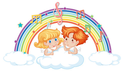 Cupid couple on the cloud with melody symbols on rainbow