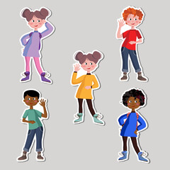 Vector flat collection of happy stickers student standing. Back to school collection isolated on white background.