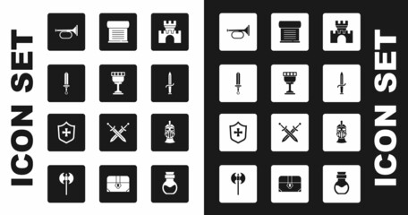 Set Castle, fortress, Medieval goblet, sword, Trumpet, Dagger, Decree, parchment, scroll, iron helmet and Shield icon. Vector