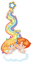 Cupid couple with melody symbols on rainbow wave
