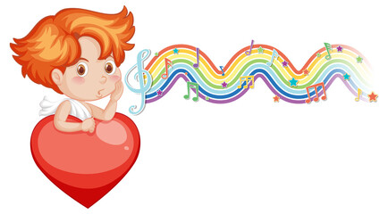 Cupid boy holding heart with melody symbols on rainbow wave
