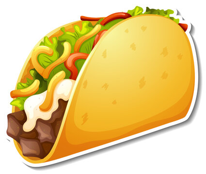 Taco with vegetable and meat sticker on white background