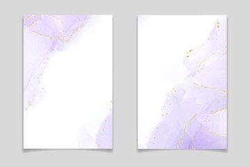 Abstract luxury lavender liquid watercolor background with golden cracks. Pastel violet marble alcohol ink drawing effect. Vector illustration design template for wedding invitation © svetolk