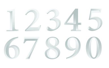 Silver Numbers Set from 0 to 9 in 3D Style Vector Isolated on White Background.