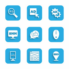 Set Customer product rating, Browser window, SEO optimization, Computer mouse, Advertising, Social media marketing, and icon. Vector