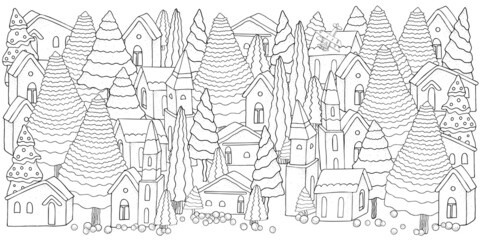 Houses and christmas trees. Magic City. Street background. Pattern for coloring book. Zentangle. Black and white pattern in vector.