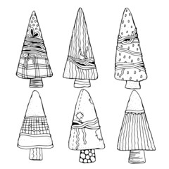 Set of Christmas hand-drawn decorative elements in vector. Fancy Christmas trees. Pattern for coloring book. Black and white. Zentangle.
