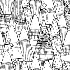 Siamless pattern with Christmas hand-drawn decorative elements in vector. Fancy Christmas trees. Pattern for coloring book. Black and white. Zentangle.