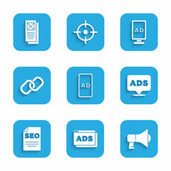 Set Advertising, Megaphone, SEO optimization, Chain link, and Browser window icon. Vector