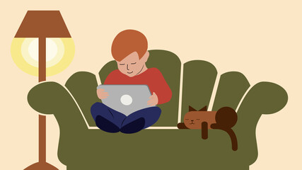 Young boy using laptop at home. Home schooling or online education during pandemic concept