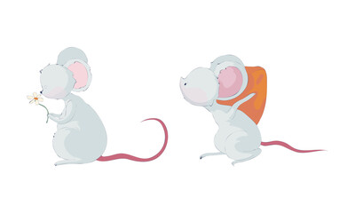 Cute funny mouse characters set. Lovely little mice carrying piece of cheese and sniffing flower cartoon vector illustration