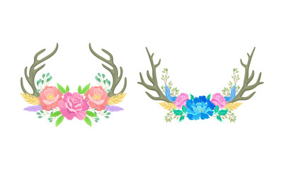 Obraz premium Horns with flowers set. Deer antlers with peony flowers and leaves, boho chic style design element cartoon vector illustration