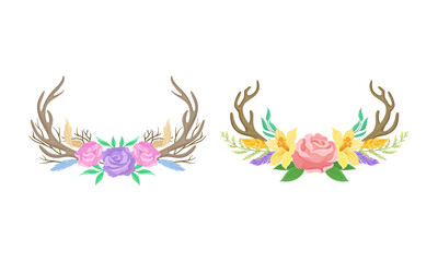 Horns with wreath of flowers set. Deer antlers with roses, boho chic style design element cartoon vector illustration