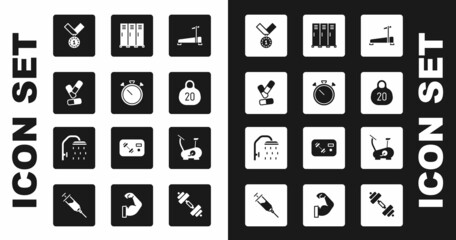 Set Treadmill machine, Stopwatch, Vitamin pill, Medal, Kettlebell, Locker or changing room, Stationary bicycle and Shower head icon. Vector