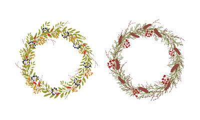 Wreath of leaves and berries set. Beautiful rustic round wreaths made of branches, autumn berries and cones. Invitation, greeting card, banner decor design vector illustration