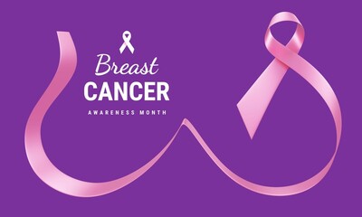 3d illustration of Pink Breast Cancer Awareness Realistic Ribbon curve in Breast Shape and Text on Purple Color Background