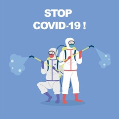 Man in protective suit spraying disinfectant to cleaning and disinfect virus