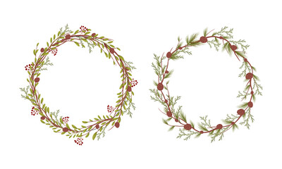 Wreath made of leaves, acorns, berries, cones set. Beautiful rustic round Christmas wreaths. Invitation, greeting card, banner decor design vector illustration