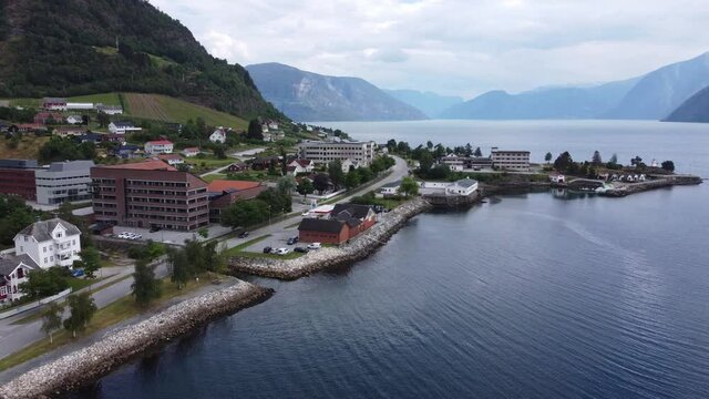 Leikanger seafront during summer day - Norway aerial