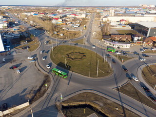 Tyumen, Russia - April 21, 2021: Aerial view onto Scherbakova and Veteranov Truda streets intersection