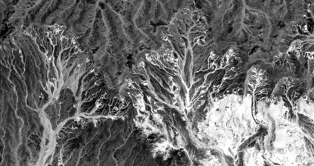  Black and white photo, abstract photography of landscapes of the deserts of Africa from the air, 