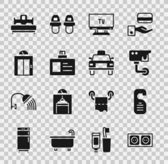 Set Electrical outlet, Please do not disturb, Security camera, Smart Tv, Identification badge, Lift, Bedroom and Taxi car icon. Vector