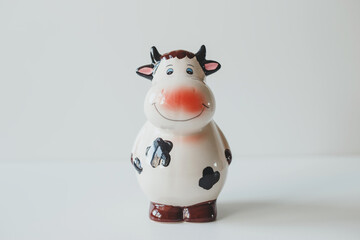 Cute ceramic figurine of a cow, on a light background, piggy bank