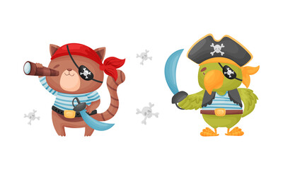 Cute little animals pirates set. Funny cat, parrot sailor characters cartoon vector illustration