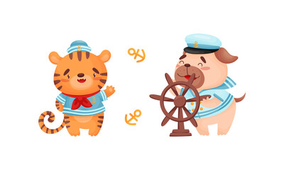 Cute baby animals sailors set. Funny tiger, dog captain characters cartoon vector illustration