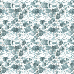 watercolor pattern of eucalyptus branches with delicate green leaves. elements on a white background for textiles, fabric design, bed linen.