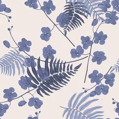 Fototapeten Floral seamless pattern, purple golden shower flowers and fern on bright brown © momosama