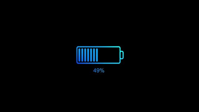 Digital Battery Loading icon Animation of a digital smartphone or computer device battery icon energy loading. Battery Indicator Charge in Percentages, Fully Charged, increasing battery charge.