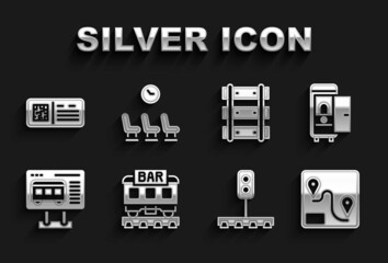 Set Restaurant train, Toilet the car, Route location, Train traffic light, Ticket office to buy tickets, Railway, railroad track, QR code and Waiting room icon. Vector