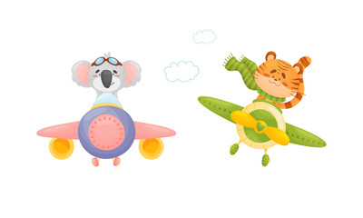Cute baby animals pilots set. Funny koala, tiger pilot characters flying by airplane, front view cartoon vector illustration