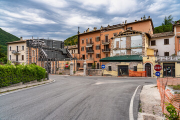 Fototapeta na wymiar The center of Visso at July 2020 after the earthquake of central Italy 2016